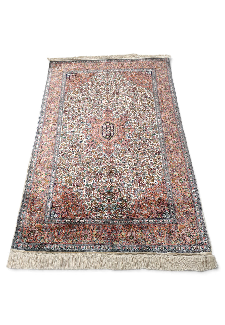 Cream and Rust Lobed Medallion, Hand-Knotted Silk Rug
