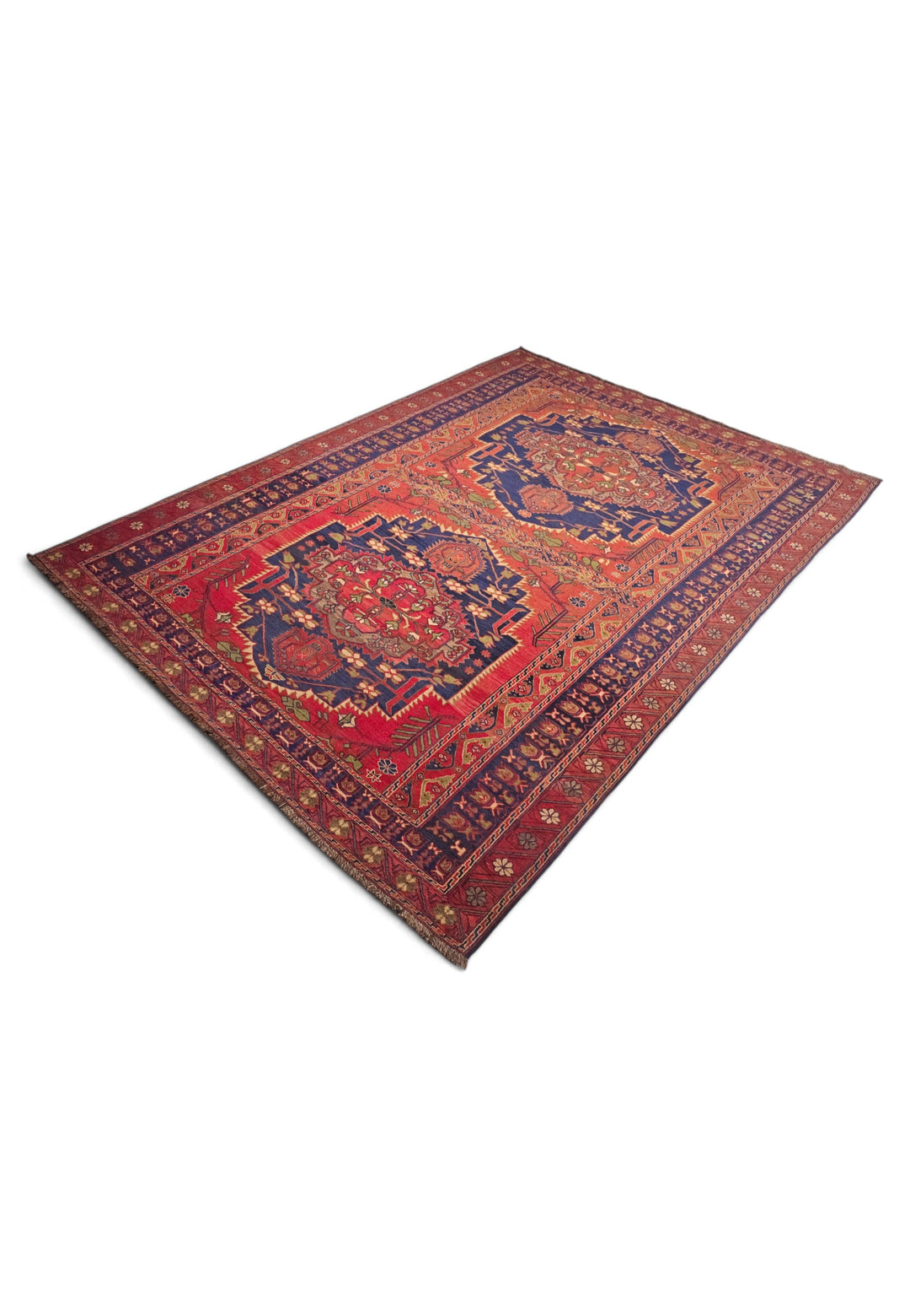 Red and Navy Twin Medallion Kilim, Hand-Woven Wool