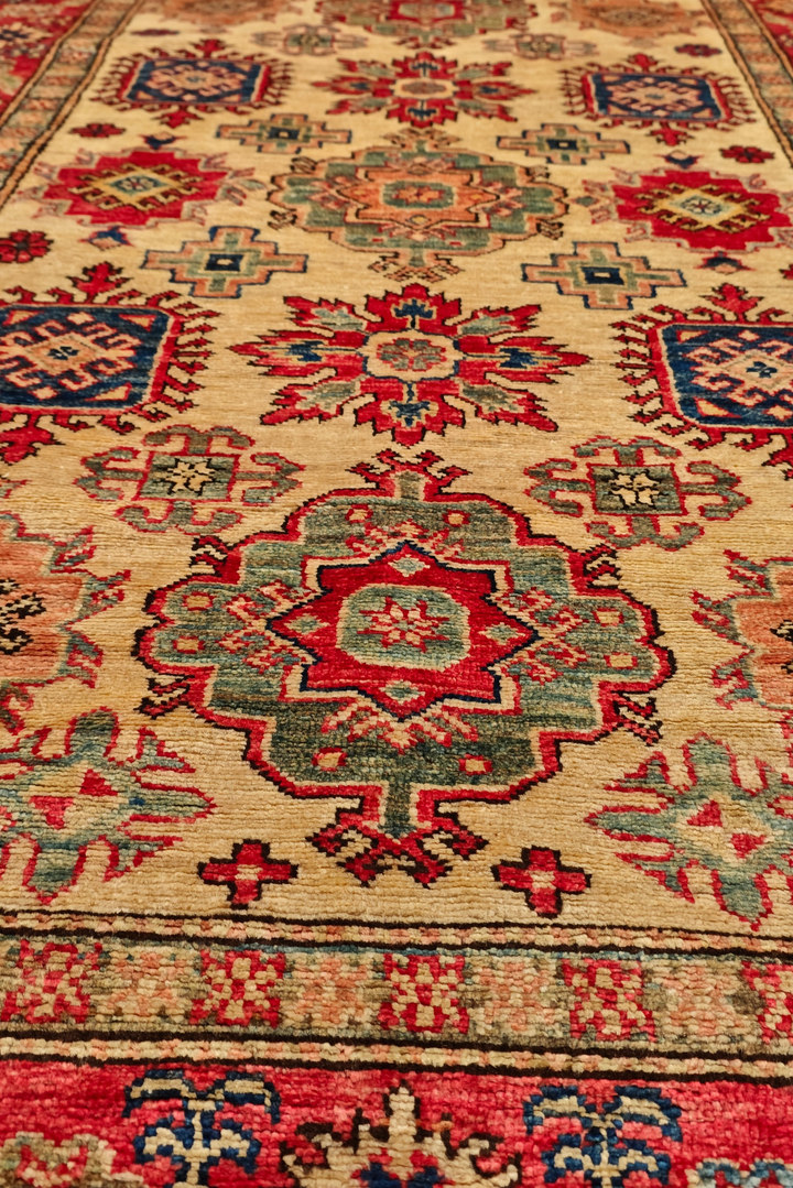 Gold &amp; Red Sunburst Medallion Rug, Hand-Knotted Afghani Sherwan