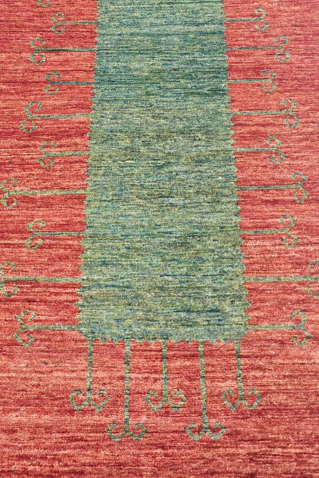 Terracotta Red and Green Panel Gabbeh, Hand-Knotted Wool Rug