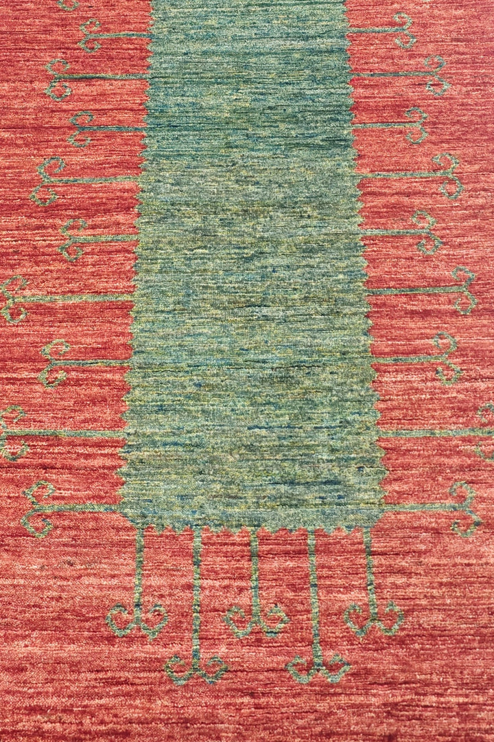 Terracotta Red and Green Panel Gabbeh, Hand-Knotted Wool Rug