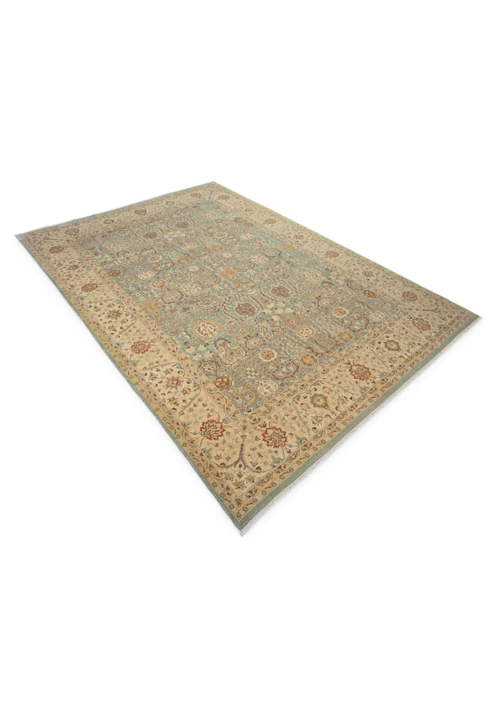 Pale Sage and Sandstone Floral Ghazni, Hand-Knotted Wool Rug