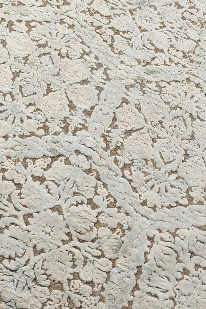 Ivory and Taupe Damask Lattice, Hand-Knotted Wool and Silk Rug