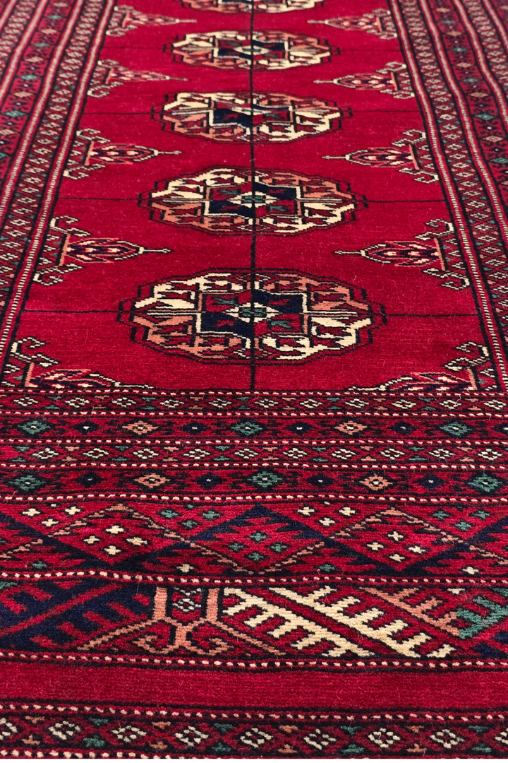 Wine Red and Cream Threaded Gül Bokhara, Hand-Knotted Wool Rug