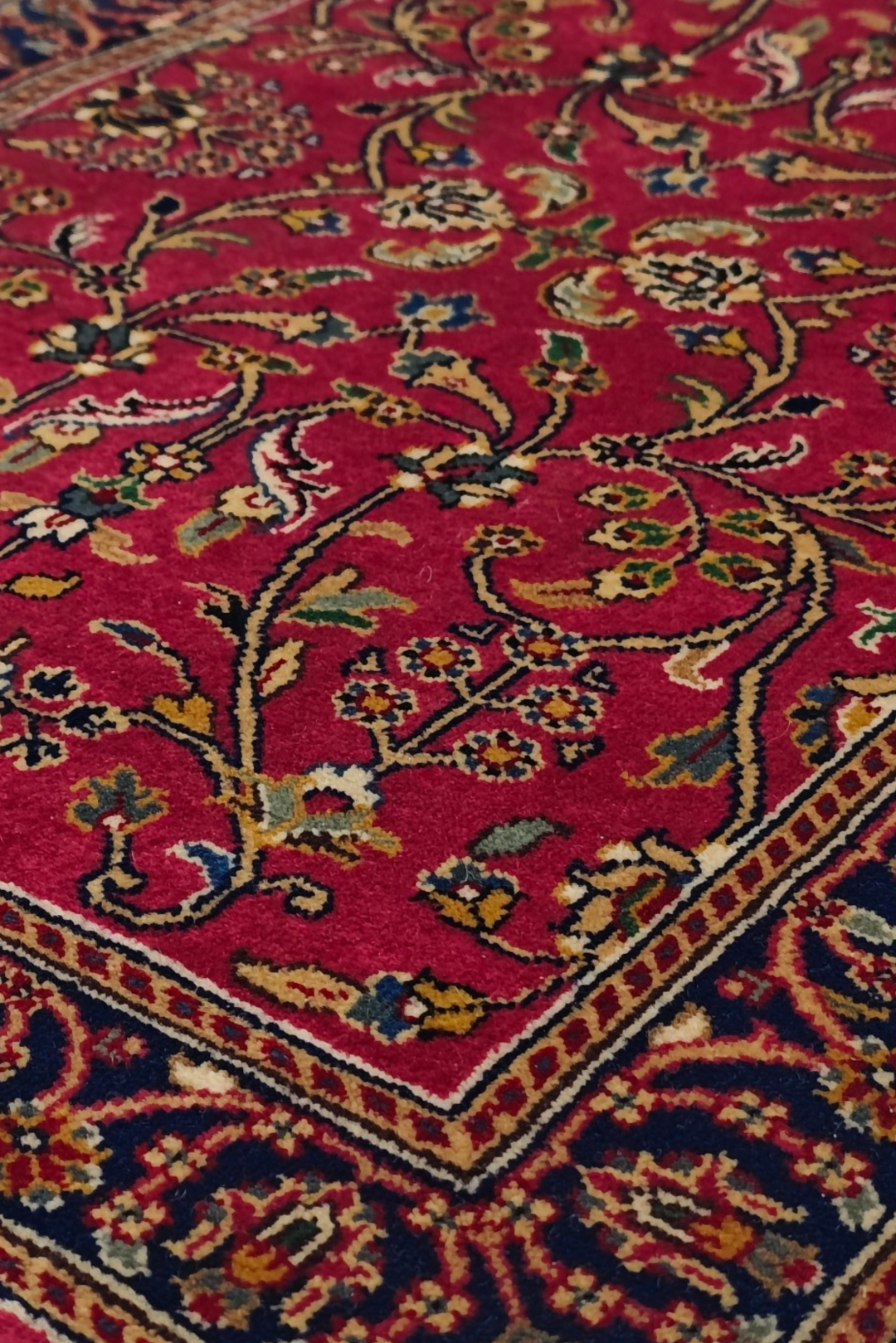 Oxblood and Navy Hereke Floral, Hand-Knotted Wool Rug