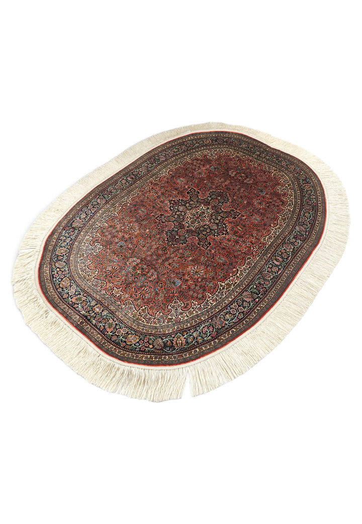 Brick Red and Black Oval Medallion, Hand-Knotted Silk Rug