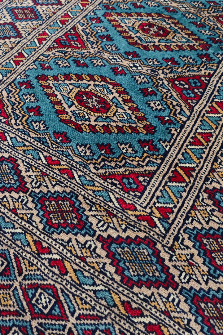 Turquoise and Wine Red Chained Diamond Medallion, Hand-Knotted Wool Rug