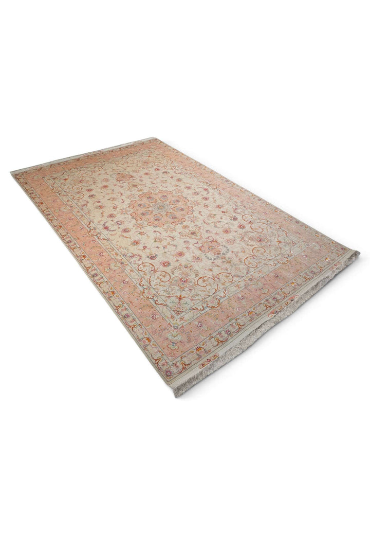 Ivory and Peach Scrolling Leaf Medallion Tabriz, Hand-Knotted Wool Rug