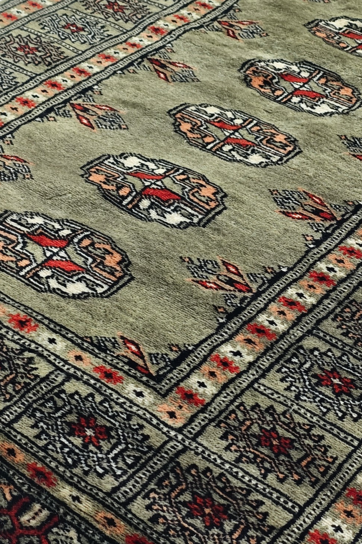 Olive and Peach Turkmen Gül Bokhara, Hand-Knotted Wool Rug