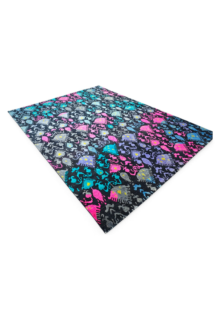 Indigo and Magenta Ikat Ghazni, Hand-Knotted Wool Rug