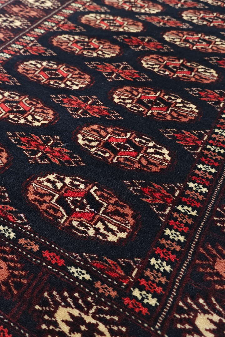 Navy and Rose Double Column Gül Bokhara, Hand-Knotted Wool Rug