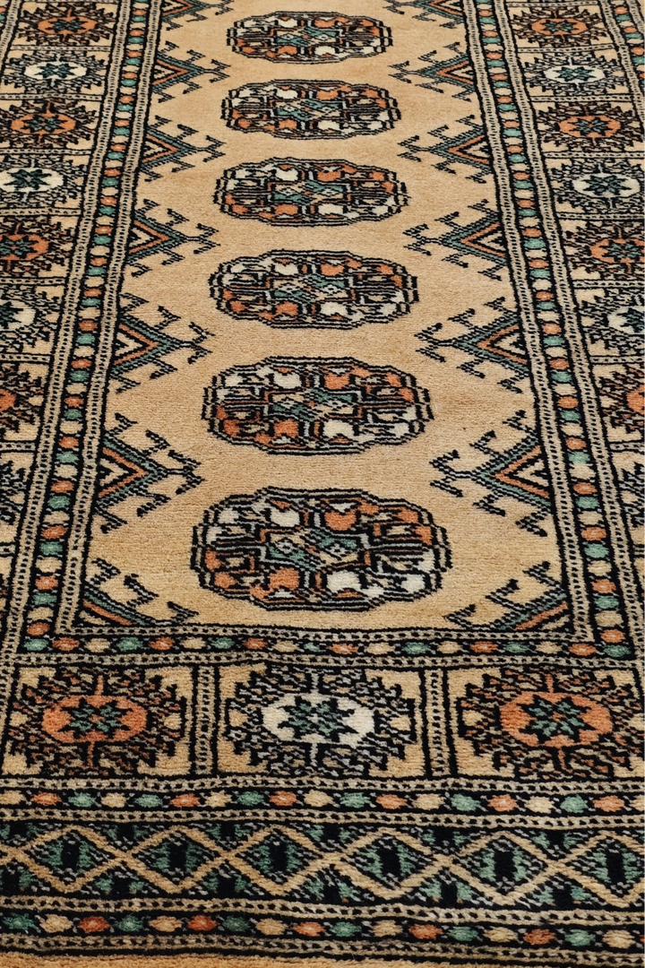 Camel and Sea Green Turkmen Gül Bokhara, Hand-Knotted Wool Rug