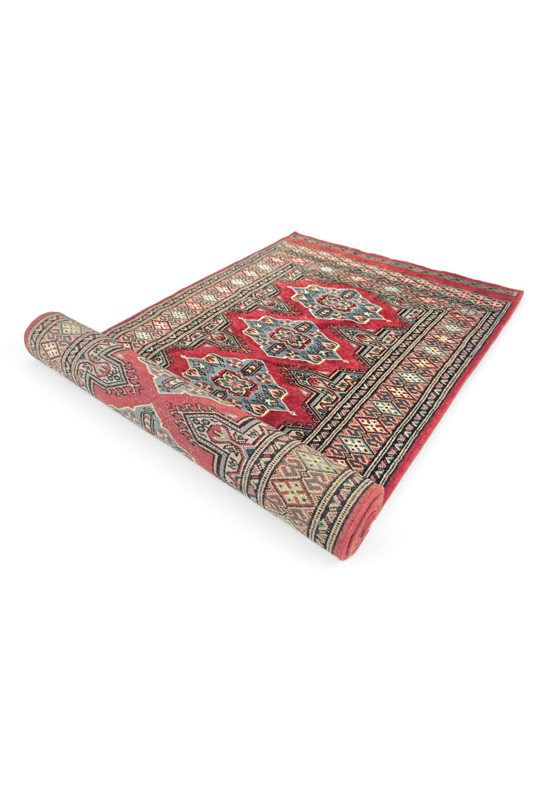 Crimson and Sea Green Jaldar Lozenge, Hand-Knotted Wool Rug