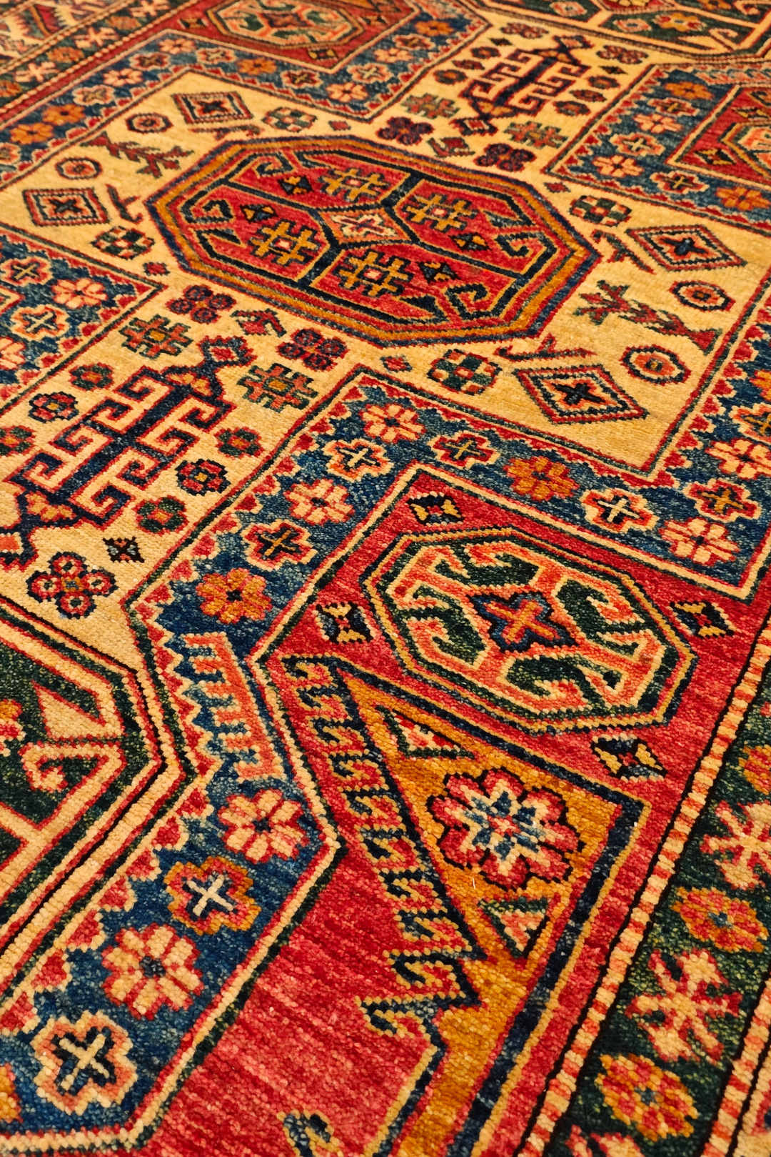 Red &amp; Gold Octagon Kazak Rug, Hand-Knotted Afghan Wool