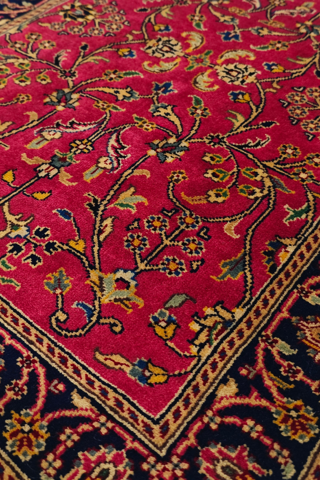 Crimson and Indigo Sarouk Floral, Hand-Knotted Wool Rug