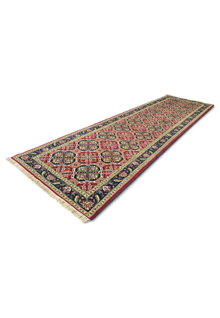 Red and Green Khan Muhammadi Runner, Hand-Knotted Wool