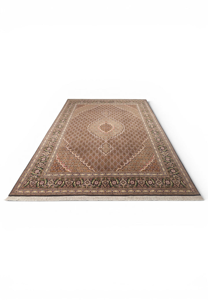 Brown Mahi Medallion Persian Tabriz, Hand-Knotted Wool Rug