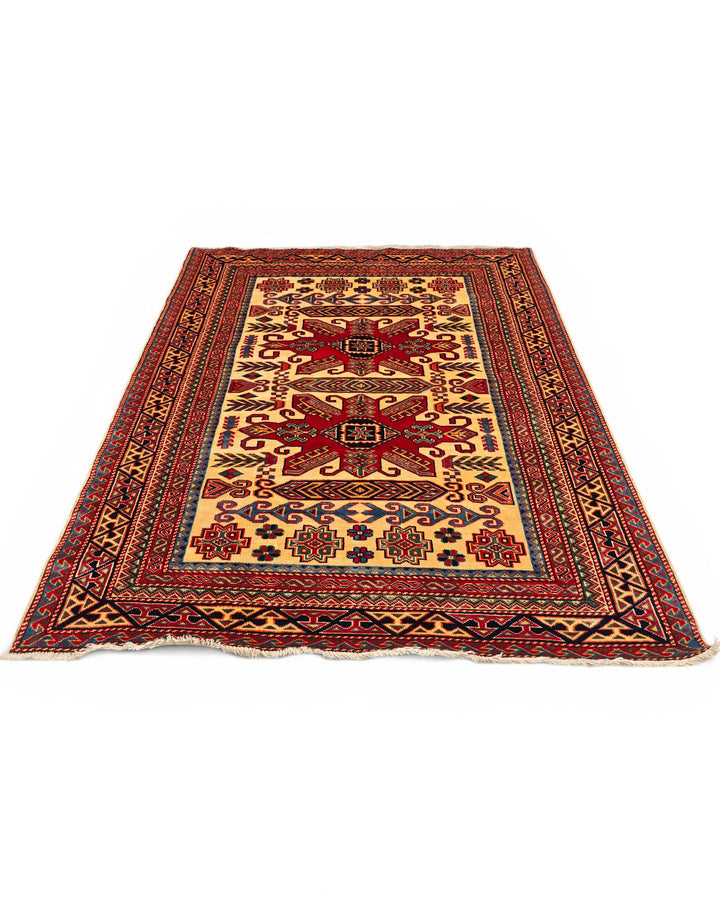 Gold &amp; Red Tribal Star Rug, Hand-Knotted Afghani Sherwan