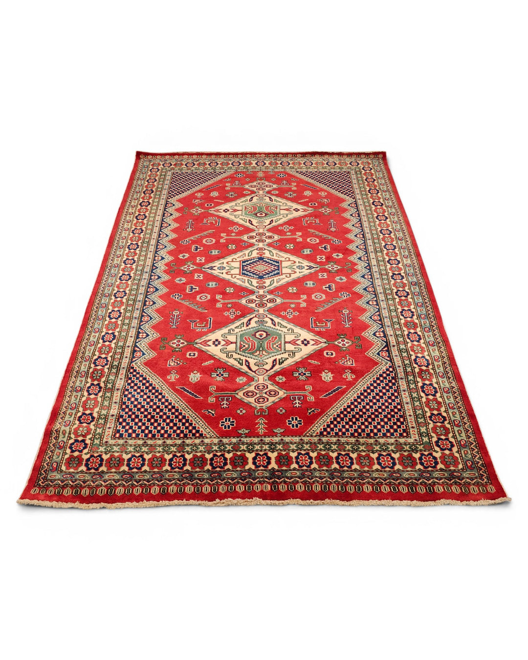 Red &amp; Navy Caucasian Medallion Rug, Hand-Knotted Afghani Sherwan