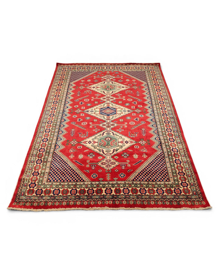 Red &amp; Navy Caucasian Medallion Rug, Hand-Knotted Afghani Sherwan