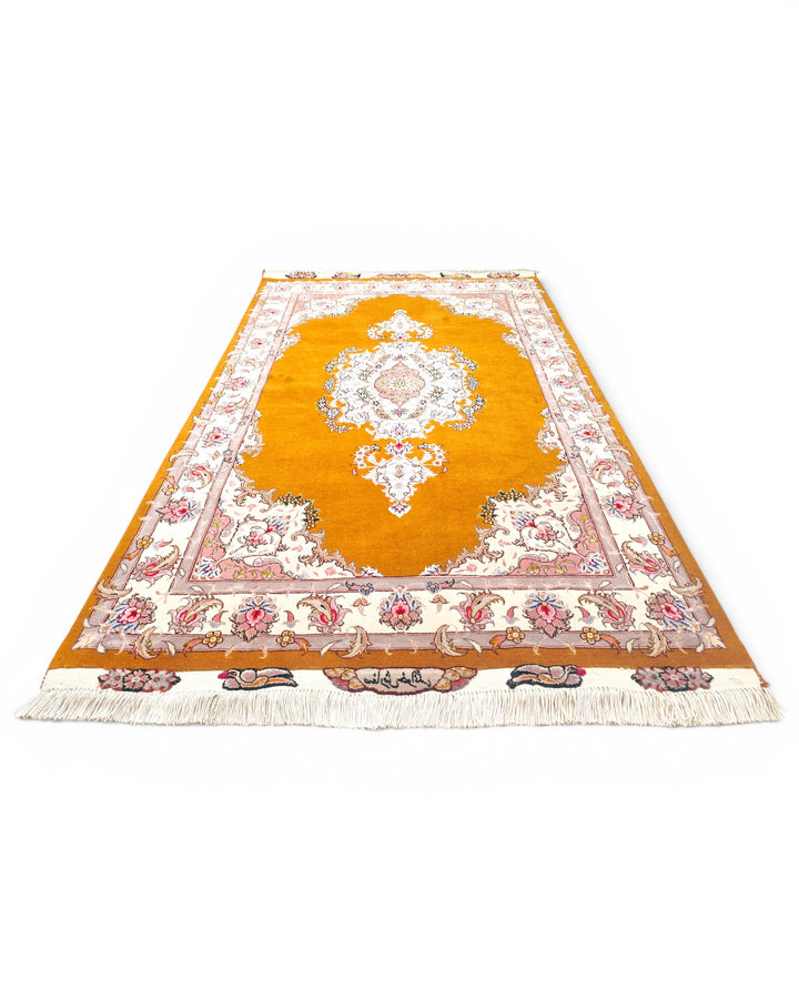 Gold Pakistani Jaldar Accent Rug, Hand-Knotted Wool