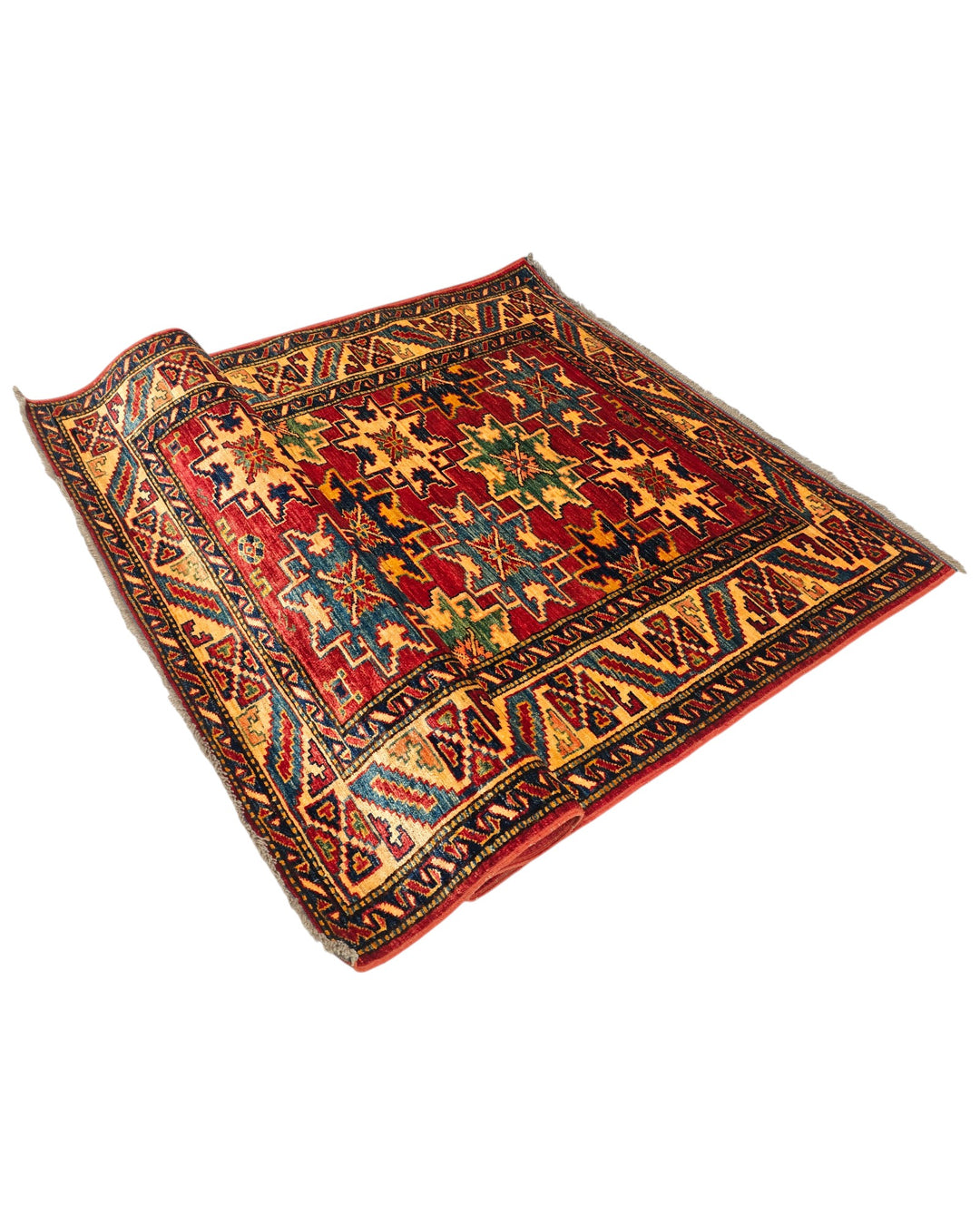 Red Lesghi Star Kazak Rug, Hand-Knotted Afghan Wool