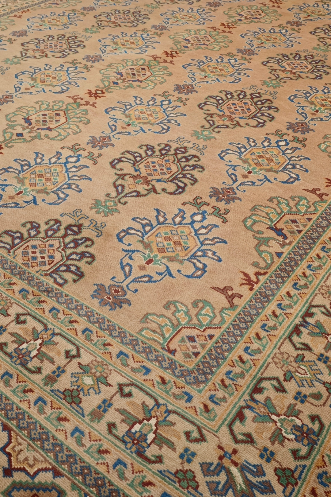 Apricot and Slate Blue Alternating Palmette, Hand-Knotted Wool and Silk Rug