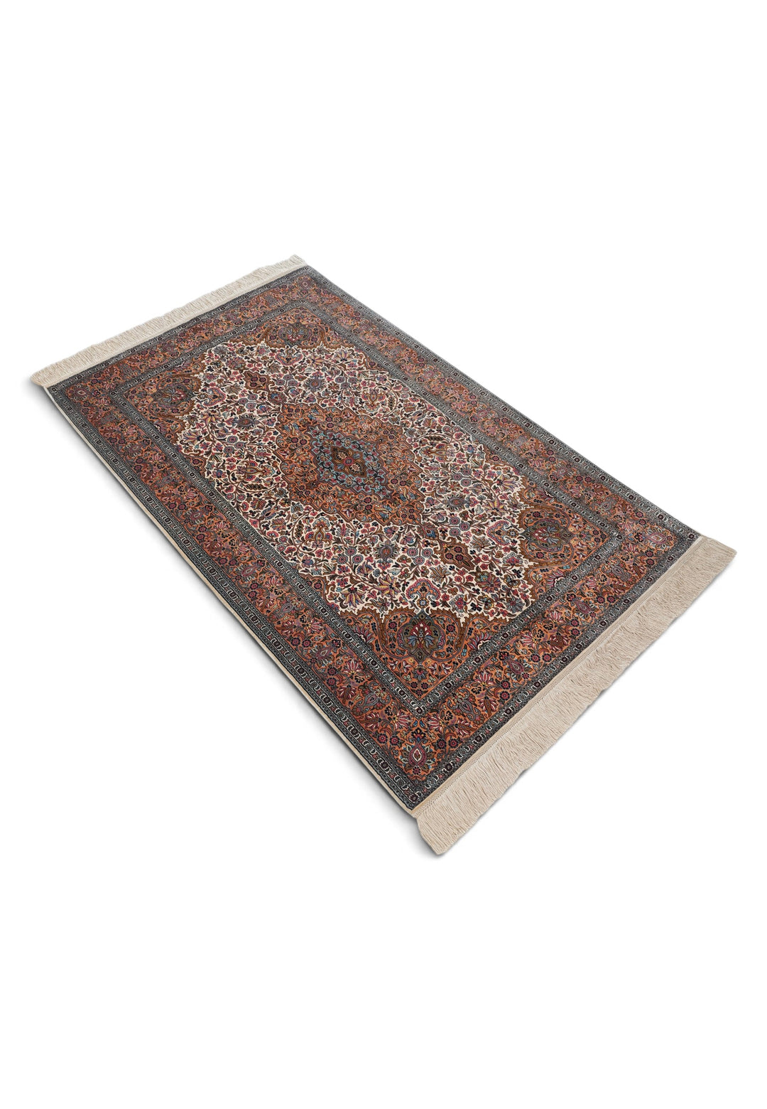 Cream and Brown Boteh Medallion, Hand-Knotted Silk Rug