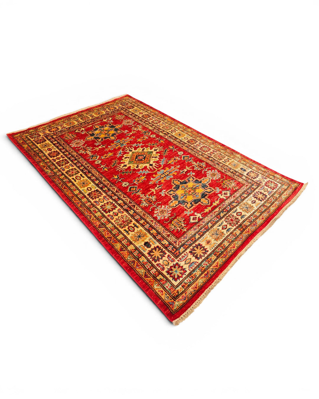 Red &amp; Gold Star Kazak Rug, Hand-Knotted Afghan Wool