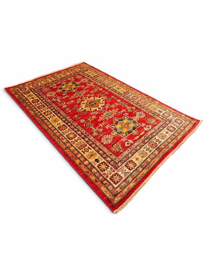 Red &amp; Gold Star Kazak Rug, Hand-Knotted Afghan Wool