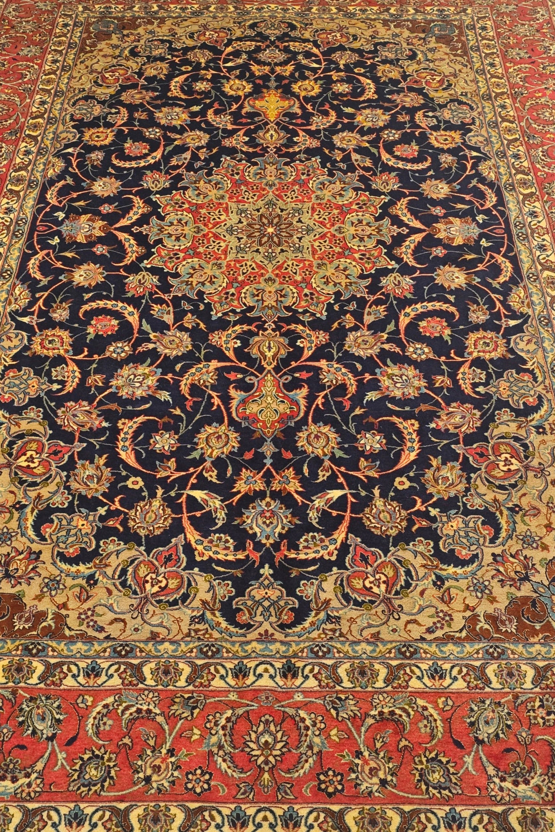 Indigo and Terracotta Medallion Sirafian Isfahan, Hand-Knotted Wool Rug