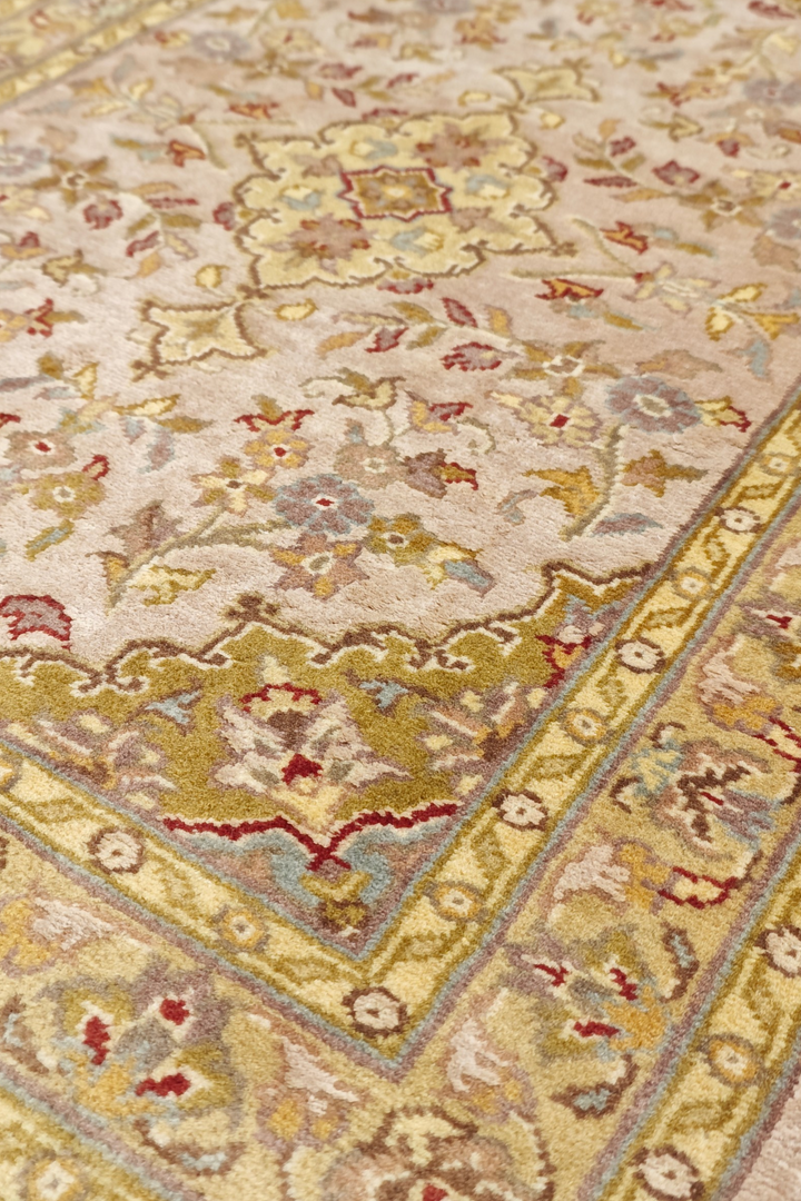 Blush and Olive Gold Medallion Tabriz, Hand-Knotted Wool and Silk Rug
