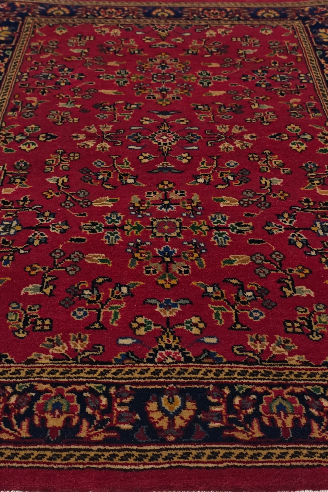 Madder Red and Indigo Sarouk Garden Floral, Hand-Knotted Wool Rug