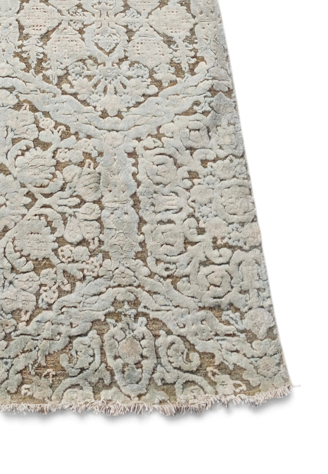 Ivory and Taupe Damask Lattice, Hand-Knotted Wool and Silk Rug