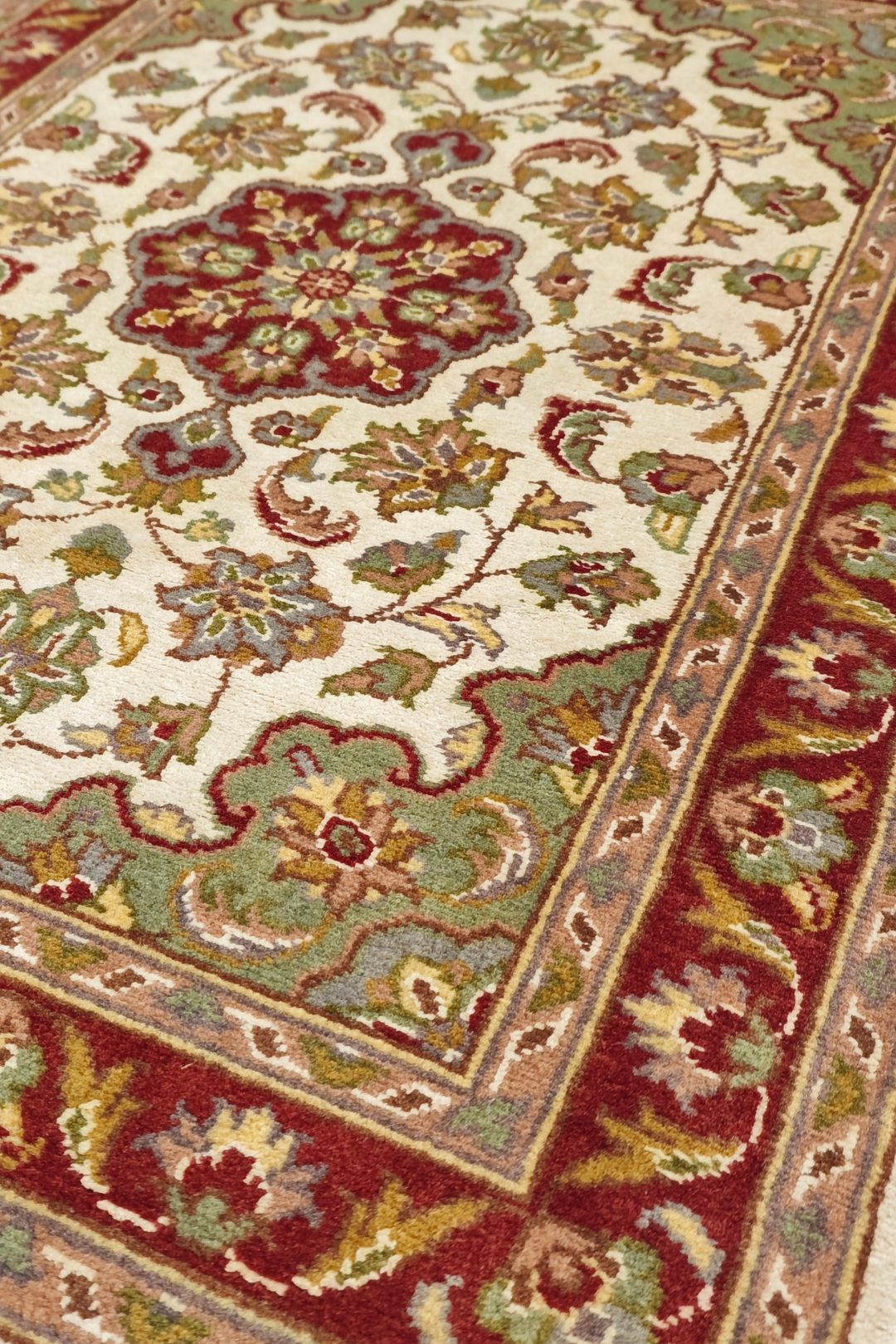 Ivory and Deep Red Medallion Tabriz, Hand-Knotted Wool and Silk Rug