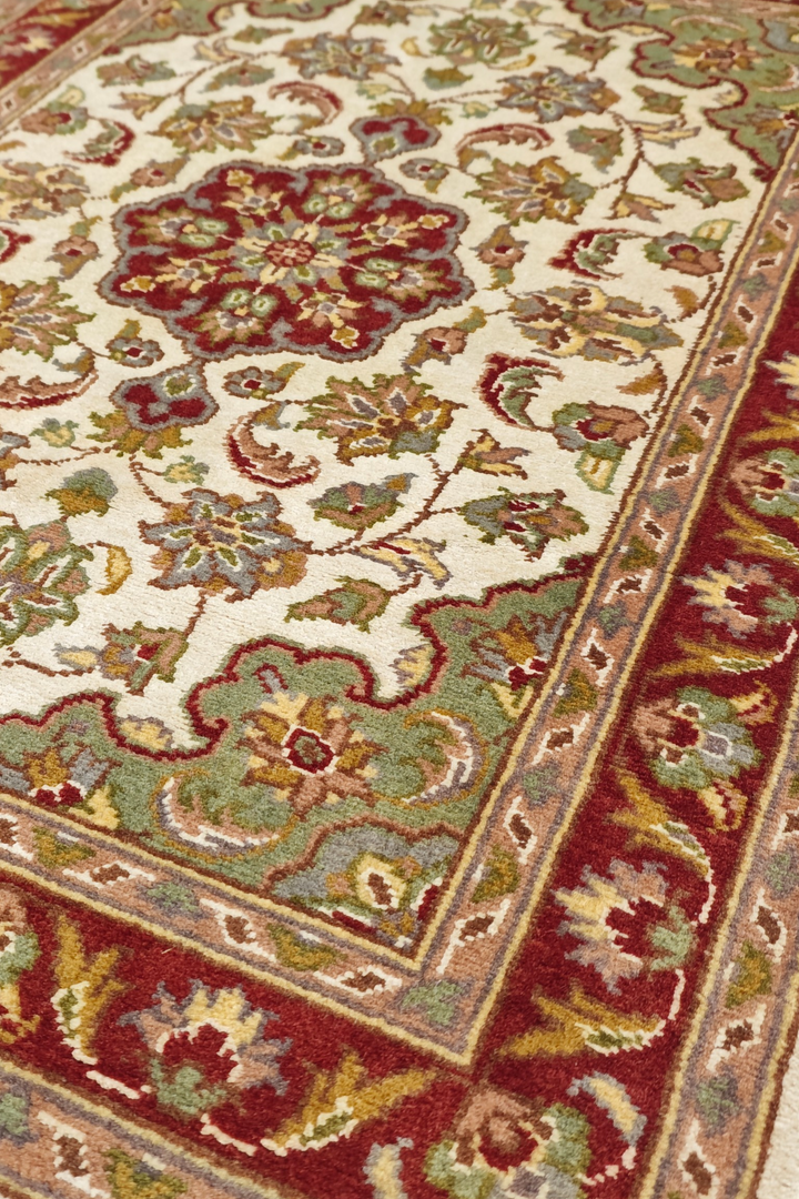 Ivory and Deep Red Medallion Tabriz, Hand-Knotted Wool and Silk Rug
