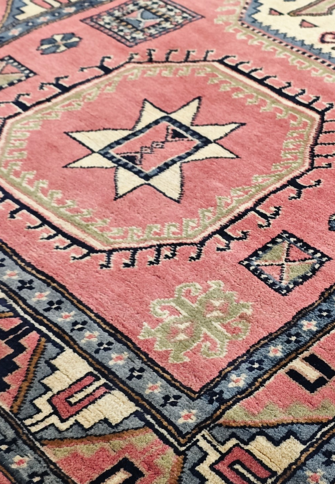 Rose and Ivory Star and Cross Medallion Kazak, Hand-Knotted Wool Rug