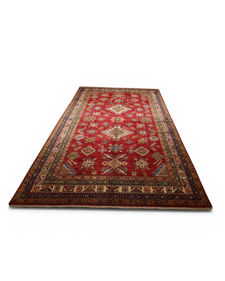 Red &amp; Gold Tribal Kazak Rug, Hand-Knotted Afghan Wool