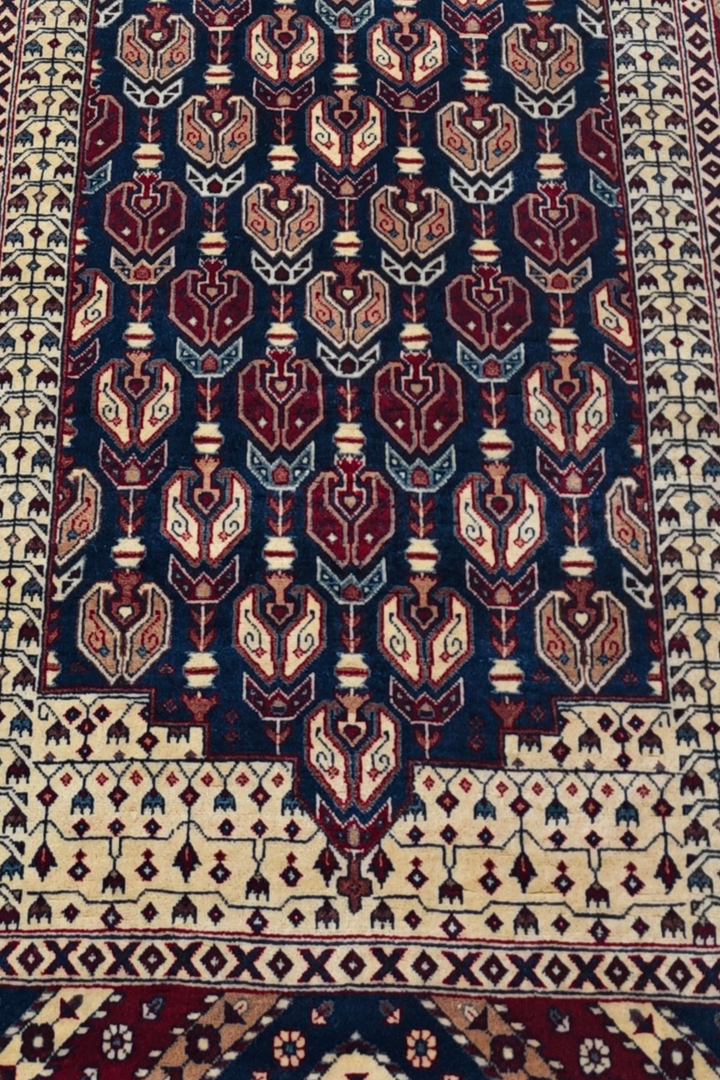Navy and Cream Hereke Floral, Hand-Knotted Wool Rug