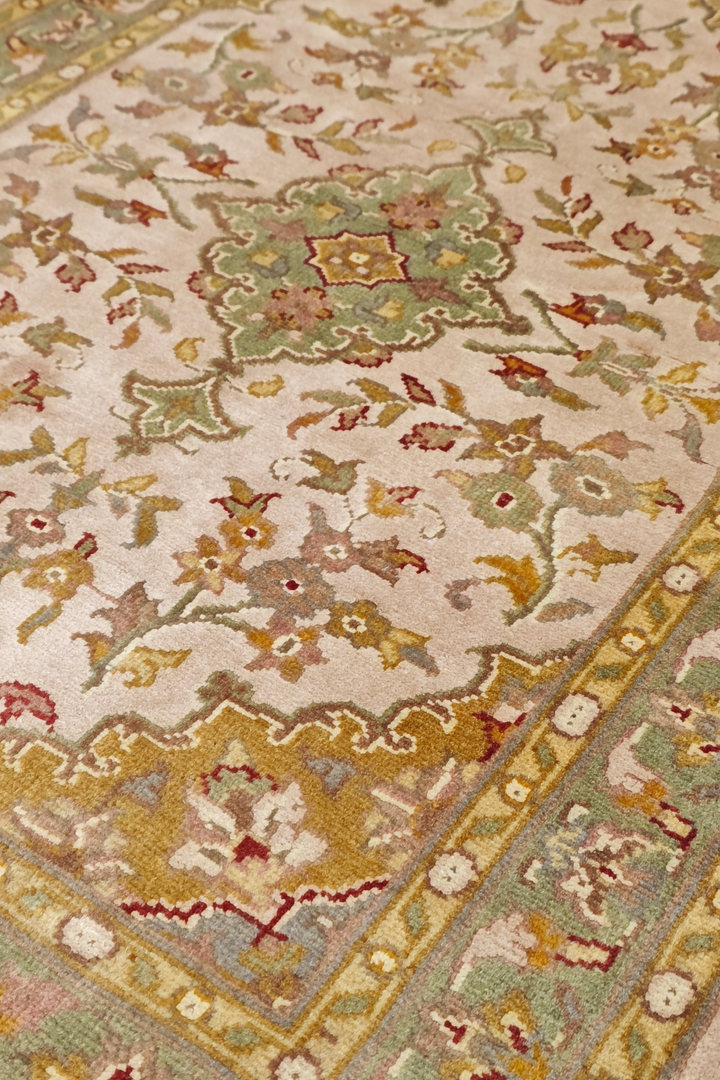Blush and Ochre Medallion Tabriz, Hand-Knotted Wool and Silk Rug
