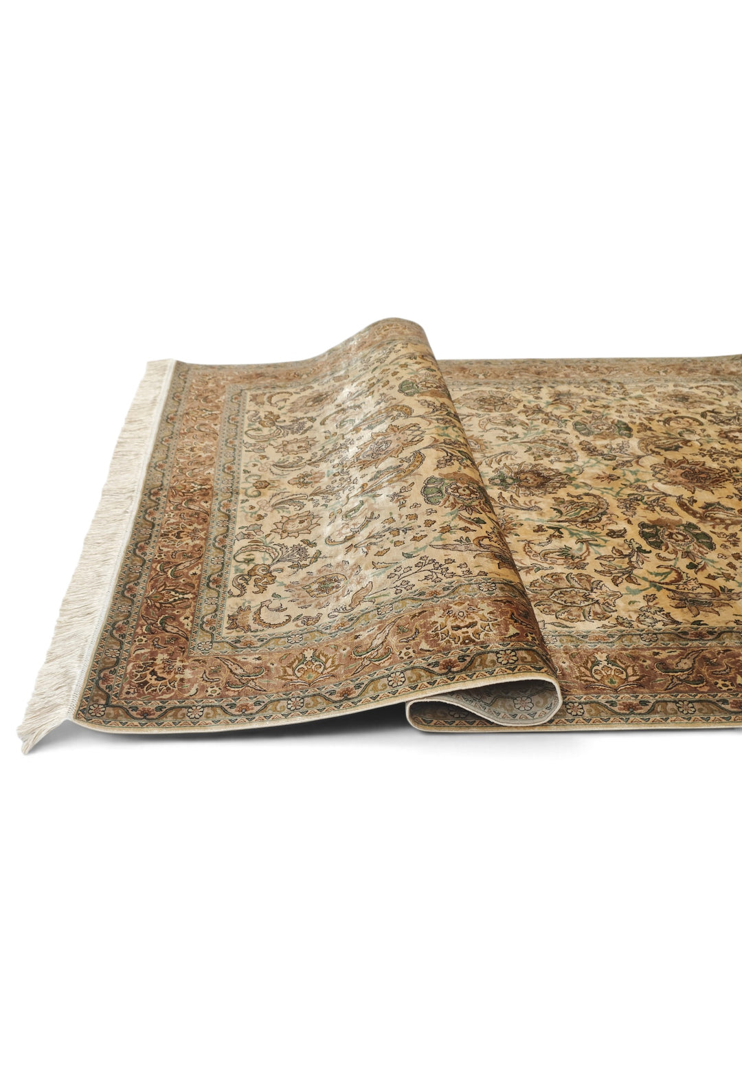 Gold and Brown Afshan All-Over Floral, Hand-Knotted Silk Rug