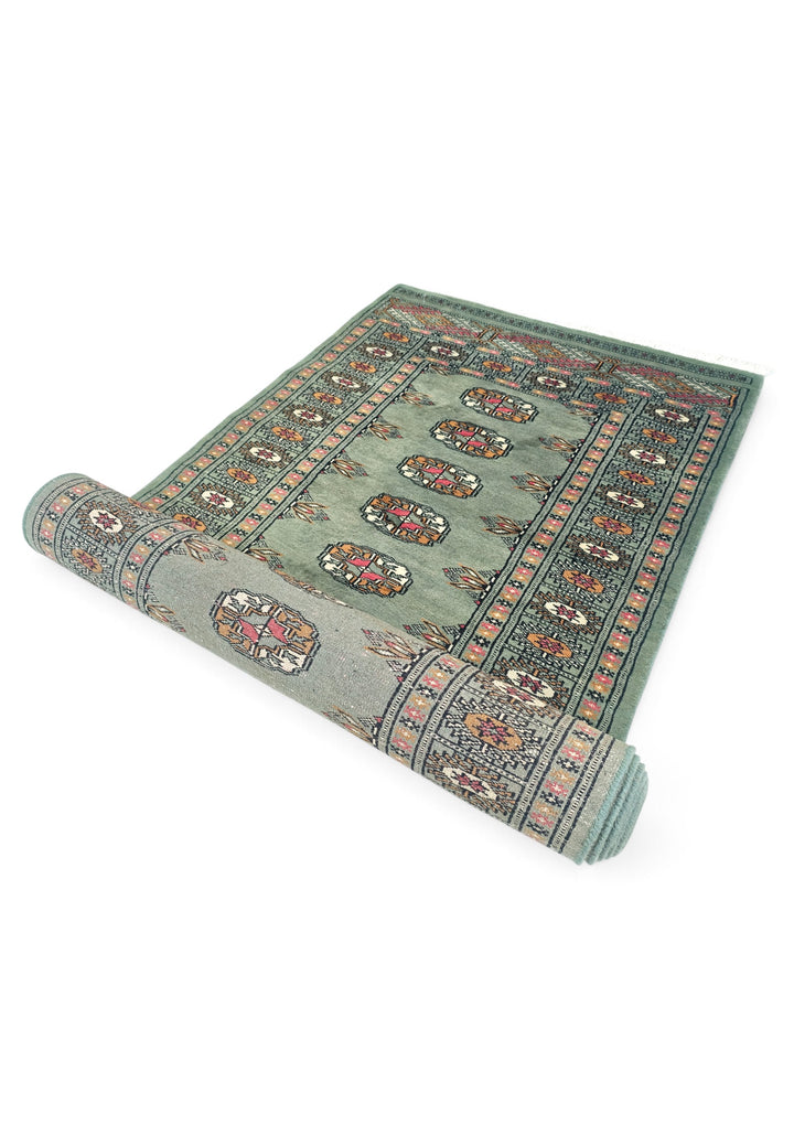 Sage and Gold Single Column Gül Bokhara, Hand-Knotted Wool Rug