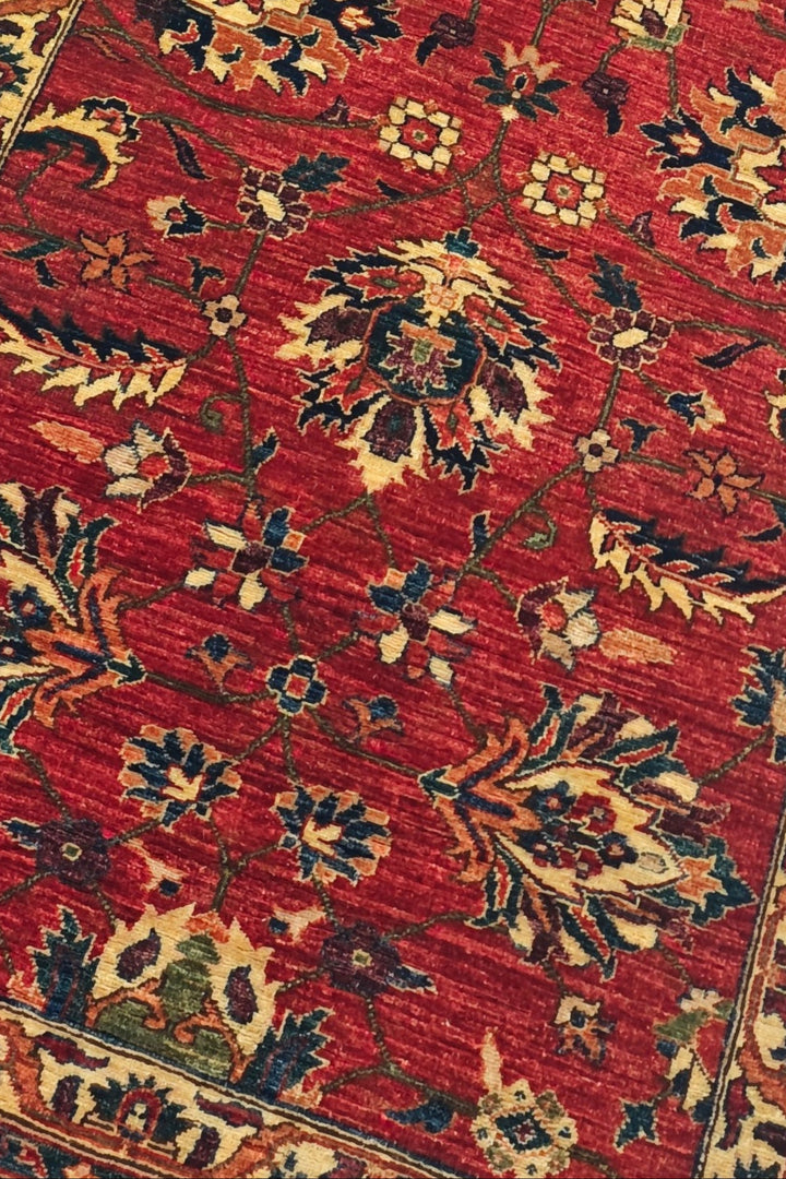 Red and Gold Palmette Qadeem Chobi, Hand-Knotted Wool Rug