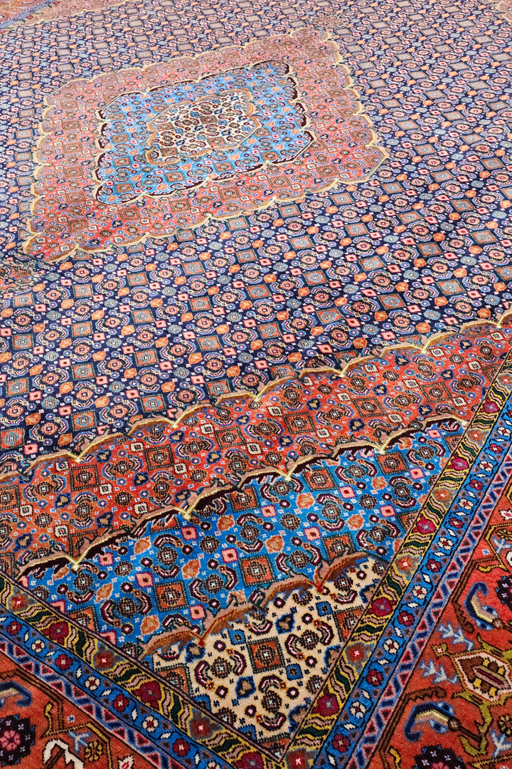 Slate Blue and Salmon Mahi Medallion, Hand-Knotted Wool Rug
