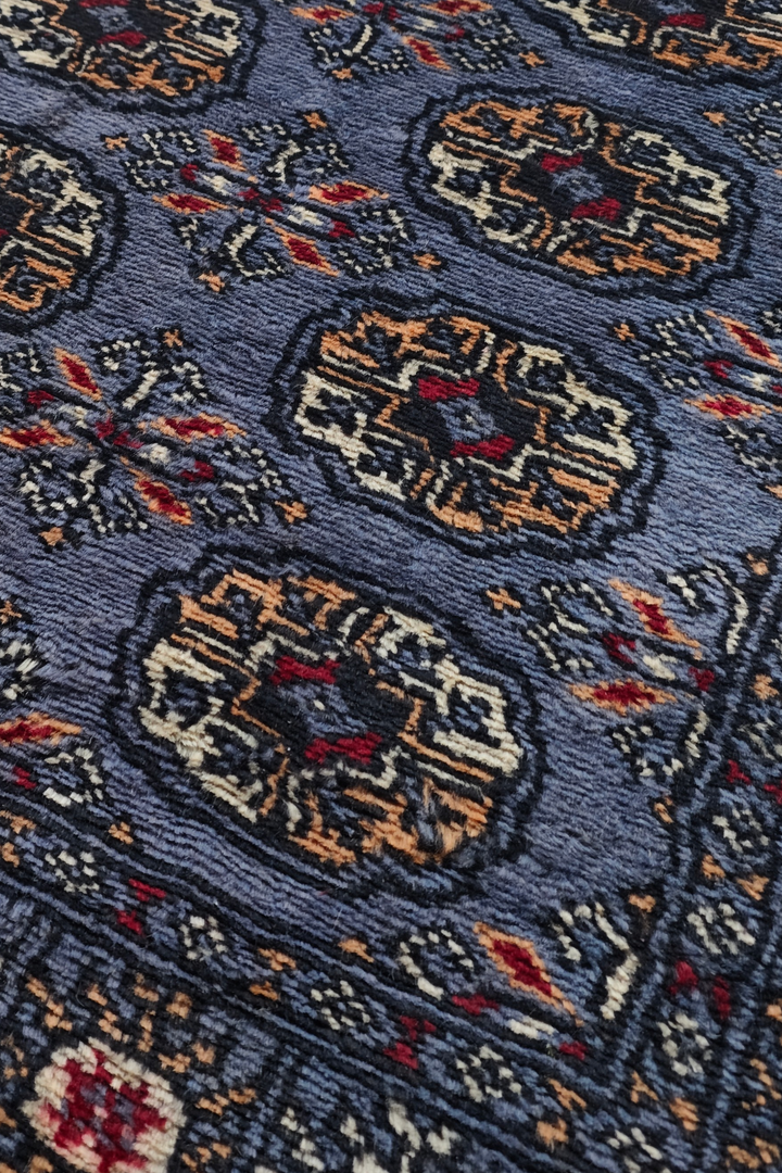 Slate Blue and Camel Turkmen Gül Bokhara, Hand-Knotted Wool Rug