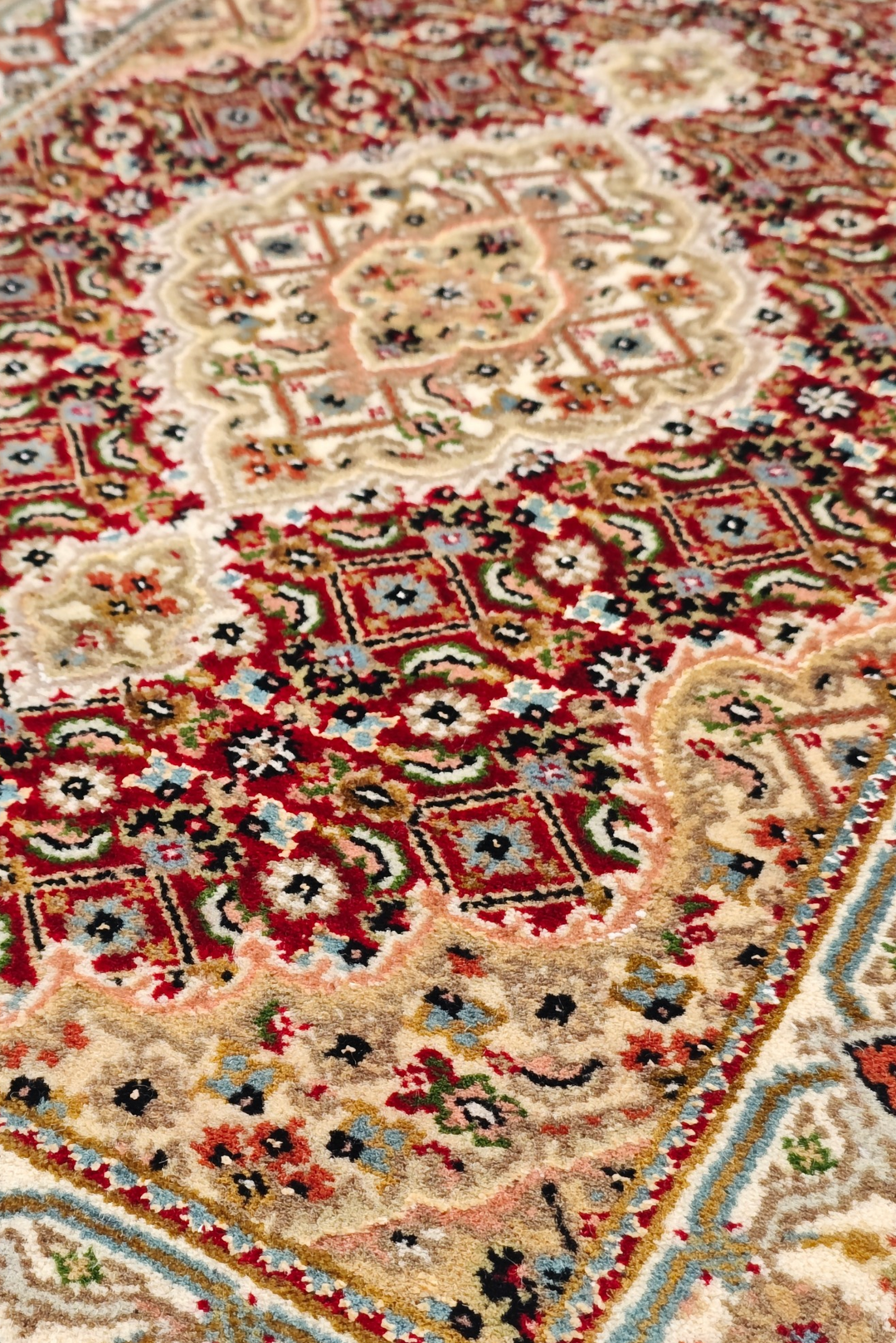 Brick Red and Sandstone Mahi Medallion Tabriz, Hand-Knotted Wool Rug