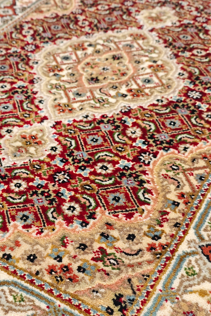 Brick Red and Sandstone Mahi Medallion Tabriz, Hand-Knotted Wool Rug