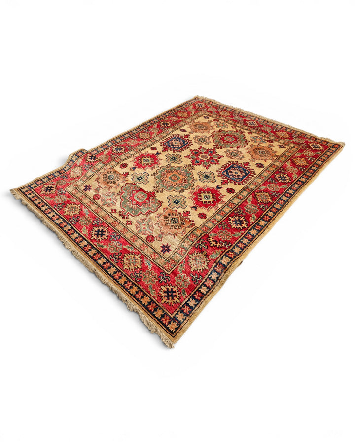 Gold &amp; Red Sunburst Medallion Rug, Hand-Knotted Afghani Sherwan