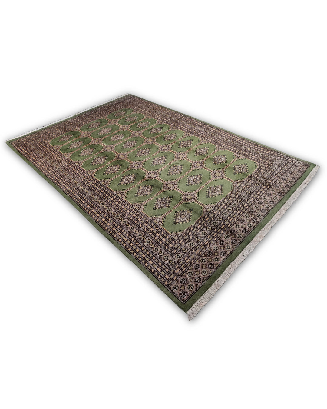 Moss Green Diamond Gül Jaldar Rug, Hand-Knotted Pakistani Wool