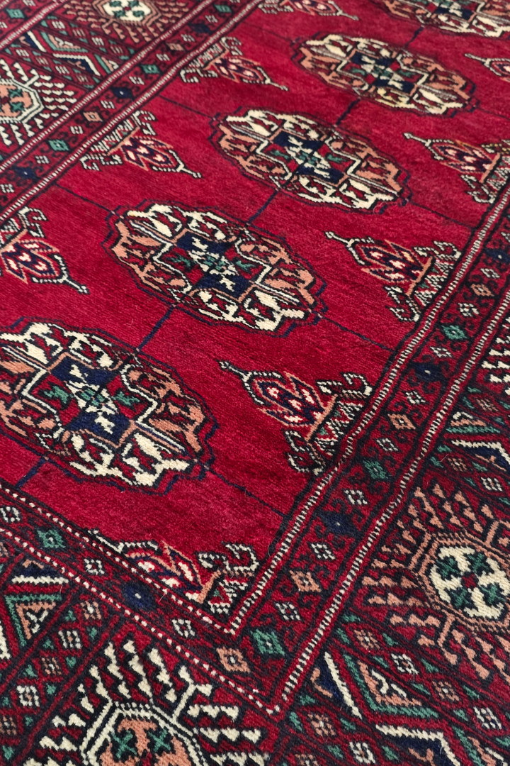 Wine Red and Cream Single Column Gül Bokhara, Hand-Knotted Wool Rug
